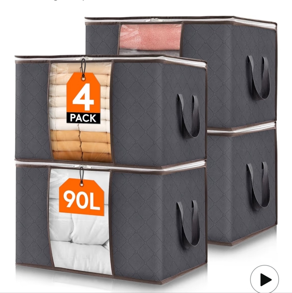 4-Pack Gray Fabric Storage Bags with Clear Window - 90L Large Organizers
